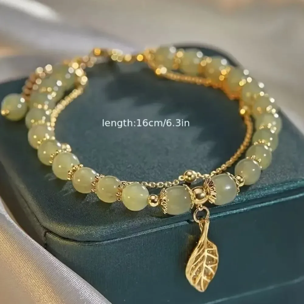 Double-Layer Green Jade Beaded Bracelet with Sparkling Golden Leaf Charm